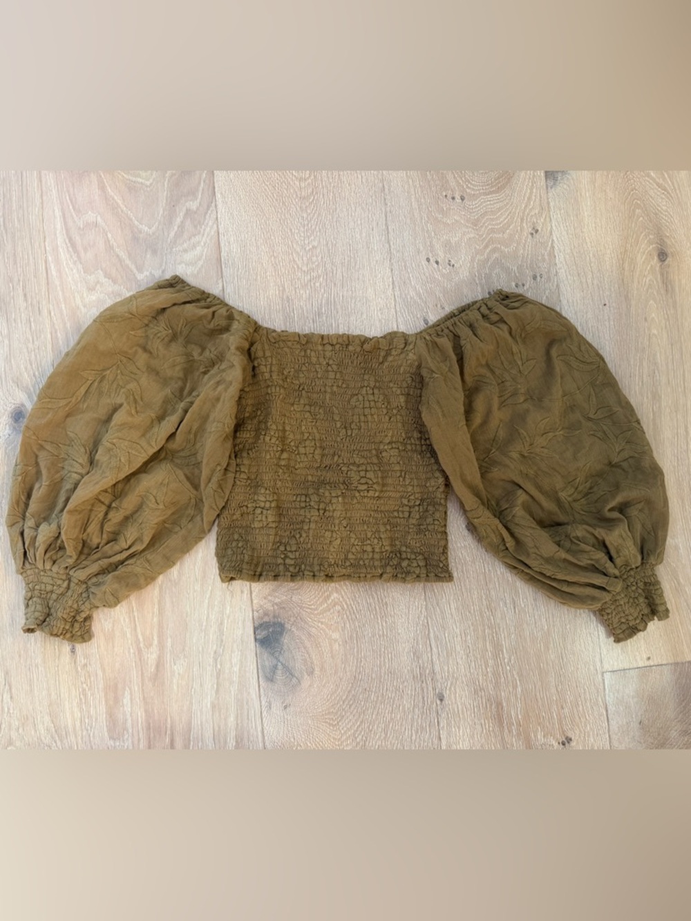 Jen's Pirate Booty Olive Puff Sleeve Smocked Crop Top